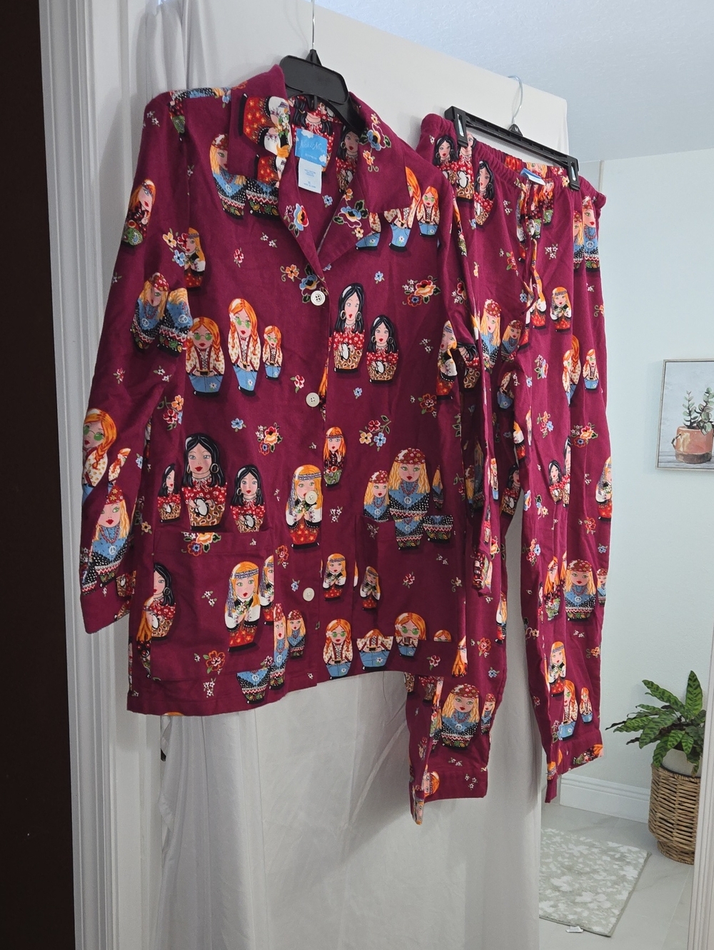 Vintage Nick & Nora Burgundy Matryoshka-Print Women's Pajama Set